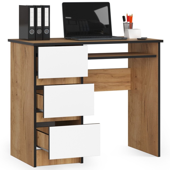 Birou Akord A-6 CLP, fehér craft tölgy, 90x77x50 cm, fém fiókok