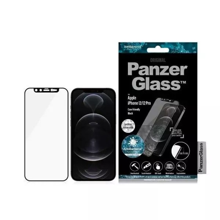 Védőfólia, Panzer Glass, Üveg, iPhone 12 / 12 Pro 6.1", Antibakteriális, Fekete