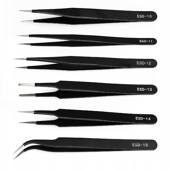 Set de 6 pensete precizie TECHREBAL, antistatice, antimagetice, rezistente la acizi, multicolor