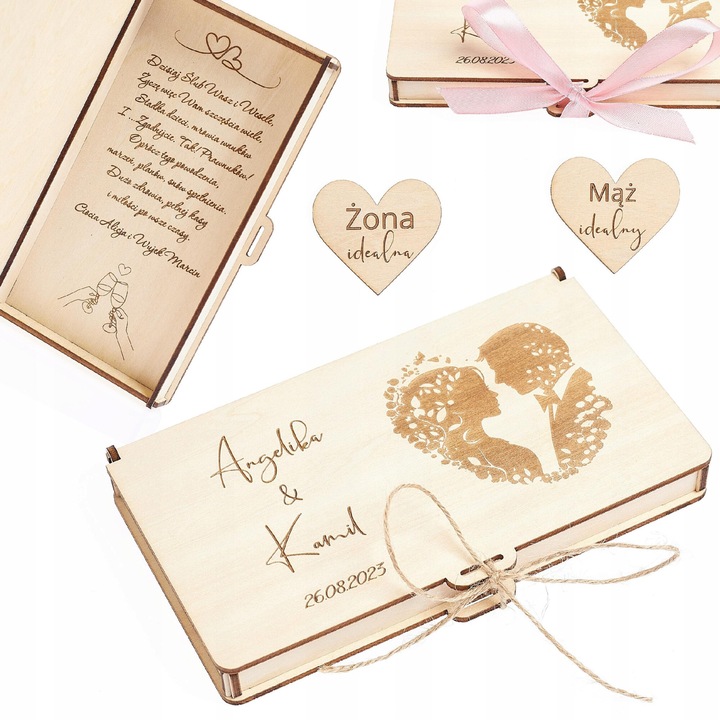 Cutie pentru bani cadou de nunta personalizabila, TECHREBAL, cu gravura, 10x18x2cm, set cu snur jute sau panglica
