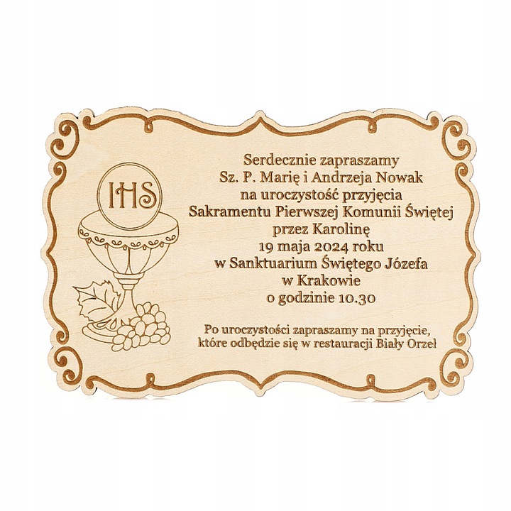 Invitatie Personalizata pentru Prima Comuniune, TECHREBAL, Lemn Gravat, 12x8cm