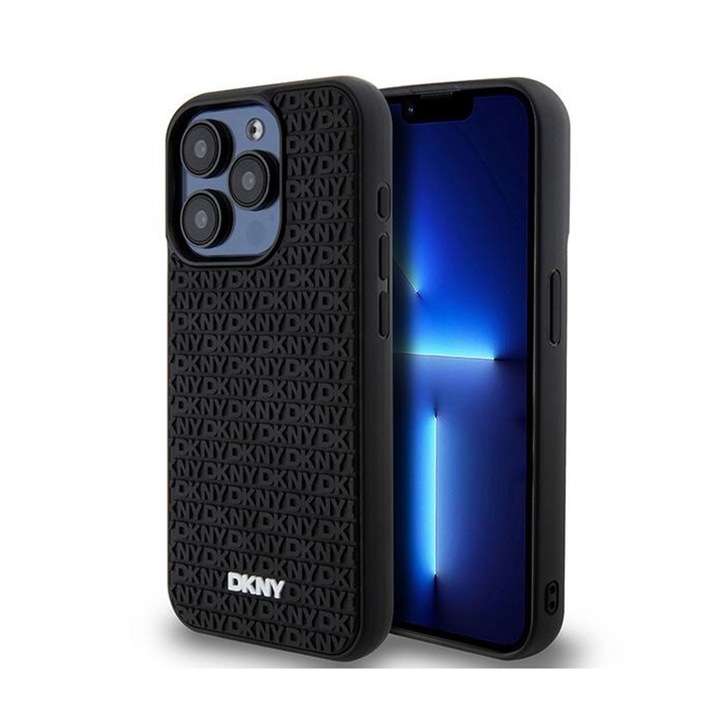 DKNY 3D gumis telefontok, kompatibilis iPhone 15 Pro-val, TPU/PC, fekete
