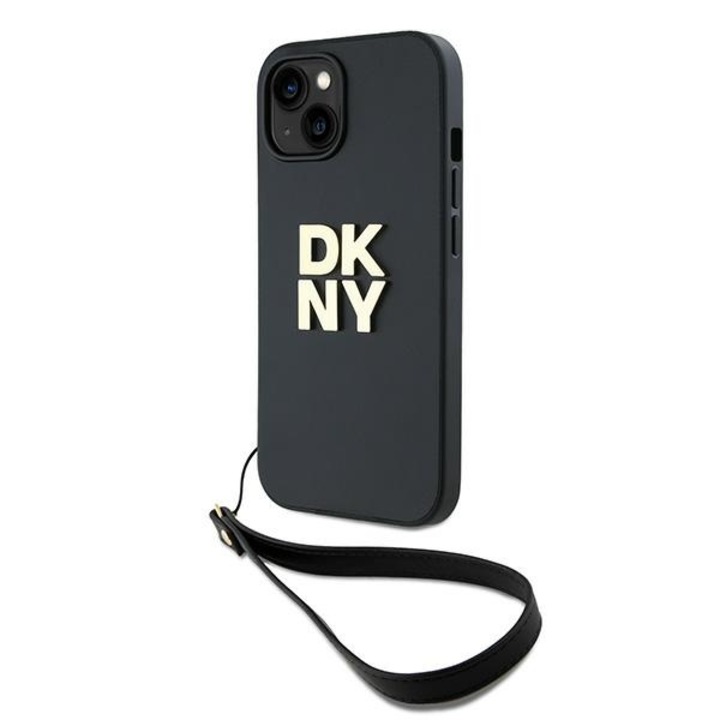 DKNY iPhone 13 / 14 / 15 Csuklópántos PU Bőr Telefon tok - Fekete (DKHCP14SPBSWSK)
