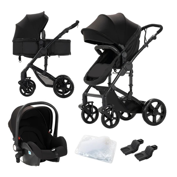 Carucior pentru bebelusi, design 3 in 1, cu husa de ploaie, 10kg, reversibil, negru