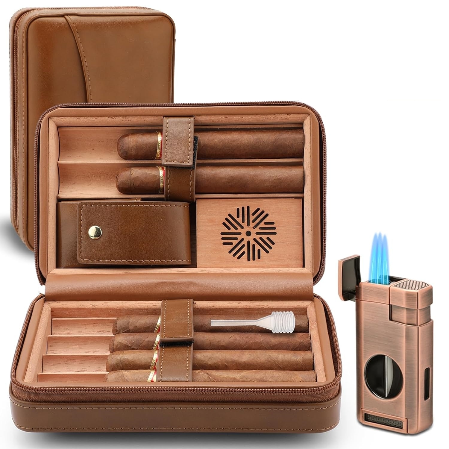 Humidor trabucuri portabil din piele pentru 6 trabucuri, bricheta