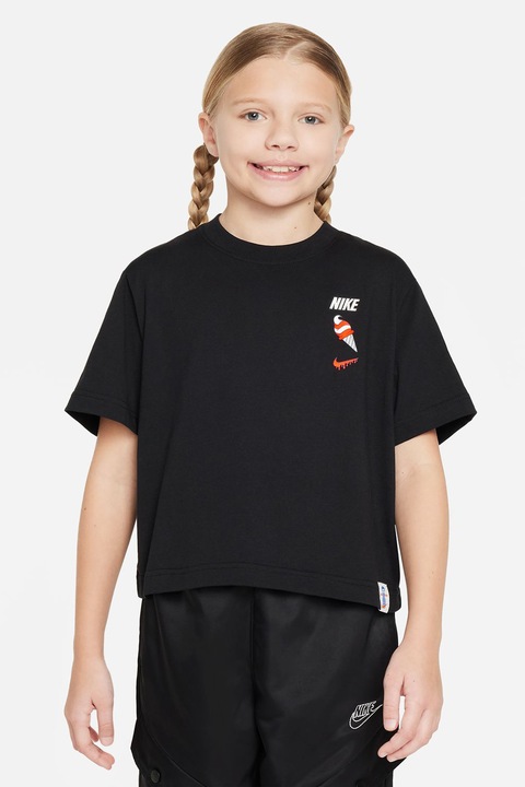 Nike, Тениска с овално деколте и шарка на гърба, Бял/Черен/Оранжев