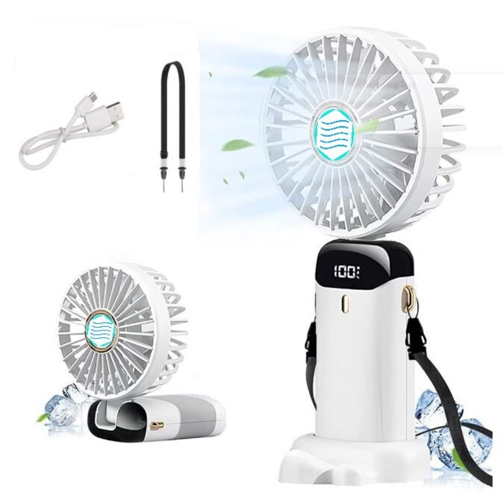 Вентилатор AIR, ароматерапия, 5 в 1, ръчен, врата, бюро, сгъваем на 90° за незабавно охлаждане и комфорт, 5 скорости, с LCD екран, с държач за телефон, USB typeC зареждане, лесен, работа до 11 часа, Бял