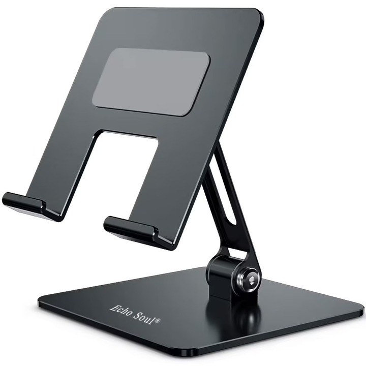 Suport pentru Tableta si Telefon Mobil Echo Soul®, Ajustabil, Portabil si Ergonomic, Compatibil cu dispositive de la 4 – 13 inch, Fabricat din Aliaj de Otel, Ne-alunecos, Argintiu Inchis