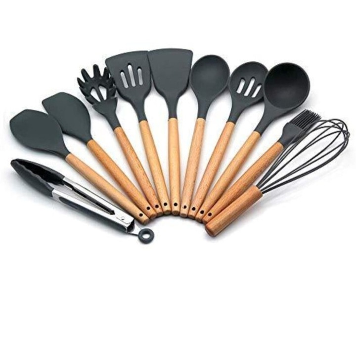 Set 12 ustensile de bucatarie din silicon si lemn, rezistente la temperaturi ridicate, antiaderente, eco-friendly, negru