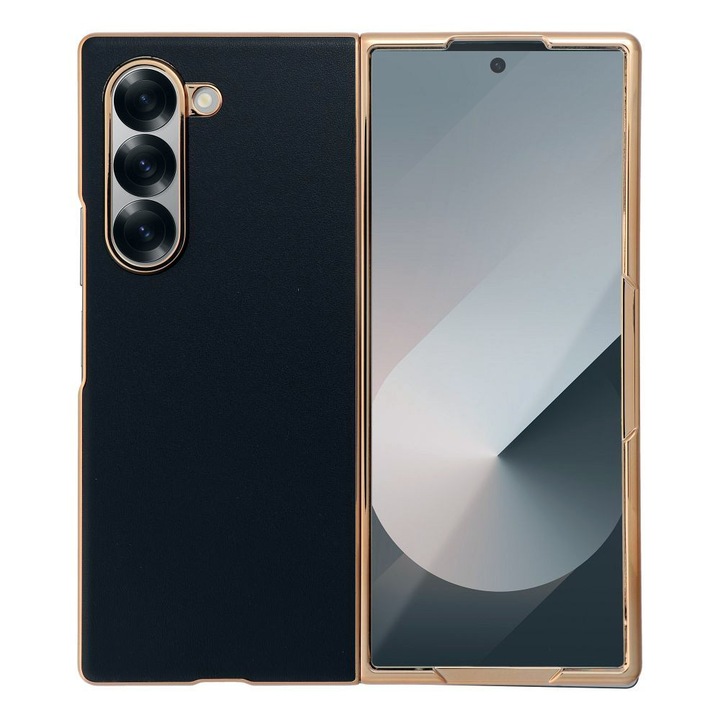 Husa SleekPro pentru Samsung Galaxy Z Fold5 / Fold 5, OPTIM SOLUTON, Flexible TPU, Chic Pattern Design, Golden Electroplated Frame, Absorbing Kinetic Energy, Metallic Finish Edges, Optim Protection Core Technology, Negru/Auriu