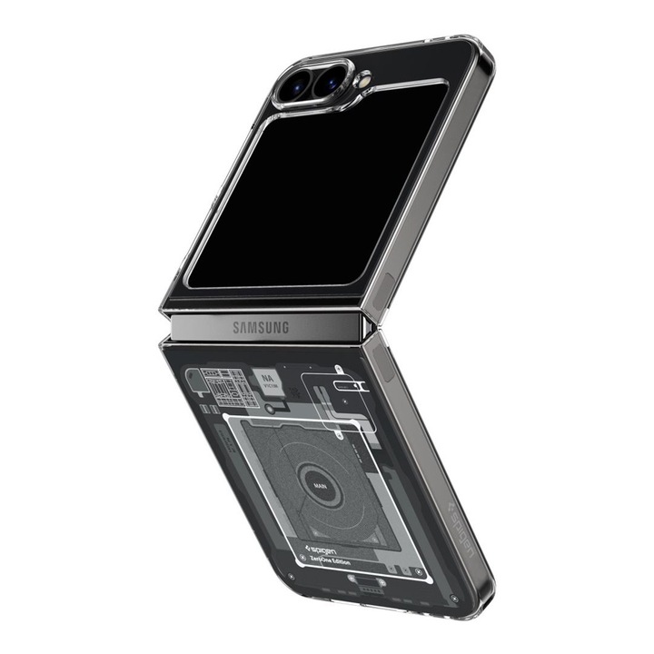 Samsung Galaxy Z Flip6 / Flip 6 készülékkel kompatibilis védőtok, minimalista NullOne dizájn, könnyű súly, ütéscsillapítás, egyedülálló, hosszú élettartamú sárgásgátló technológia, katonai szintű védelem, kiváló minőségű anyagok, fekete/átlátszó