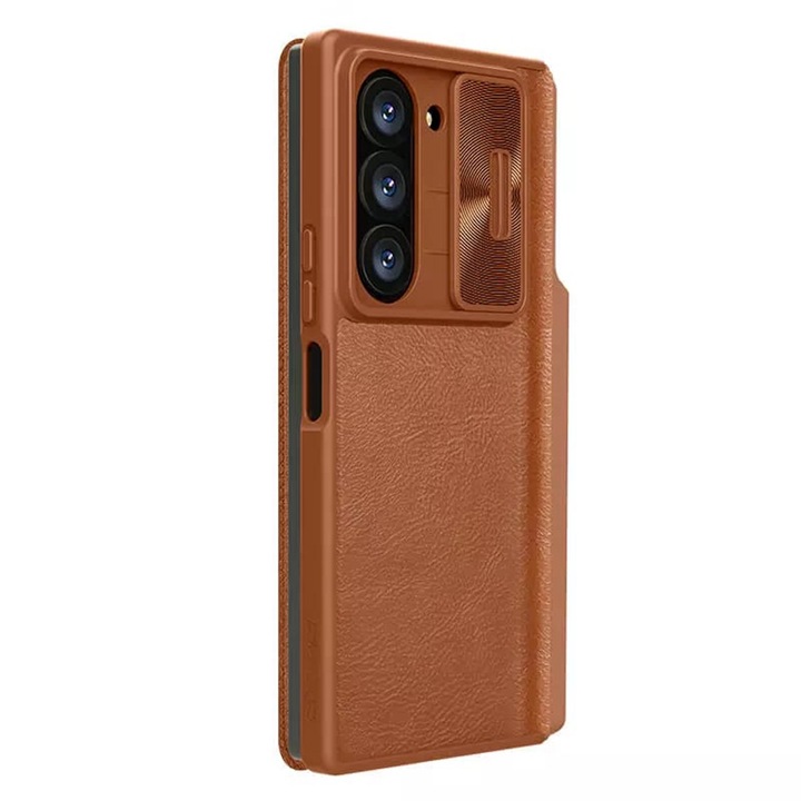 Optim Solution Felhajtható Telefontok, Samsung Galaxy Z Fold6 / Fold 6 telefonhoz, 360°-os felhajtható borító, polikarbonát sarkok, mágneses záródás, minimalista bőr dizájn, bársonyos felület, állvány funkció, vezeték nélküli töltés, barna