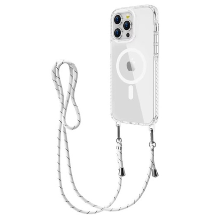 Husa compatibil cu Apple Iphone 13 Pro Max, Snur detasabil, Antisoc, Protectie Superioara, Bumper interior, Magsafe, Transparenta cu Alb