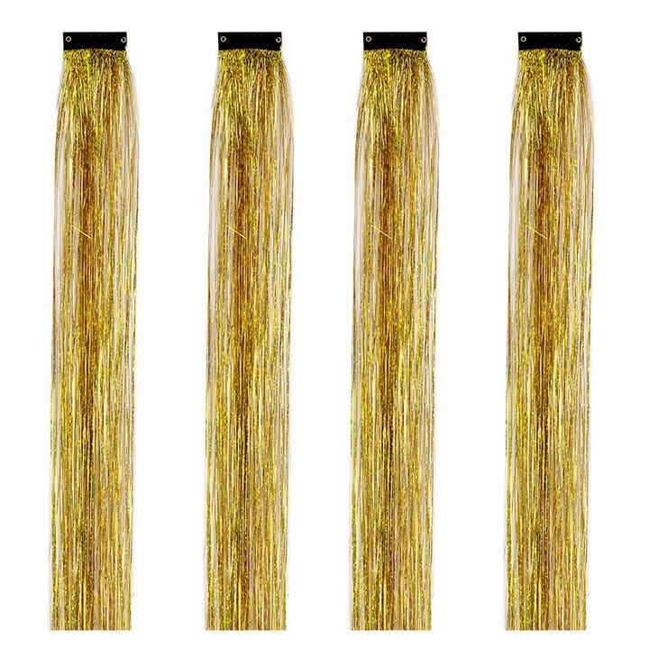 4 db. 20 hüvelykes fényes hajcsat, Aranyszínű hajhosszabbítás, hajsütővassal használható