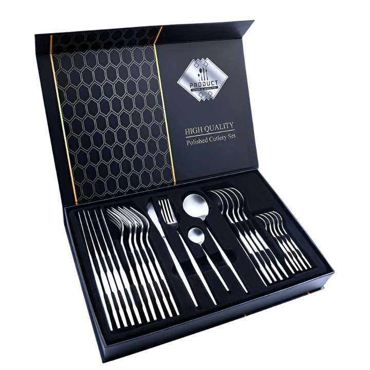 Комплект прибори за хранене, Mindblower, португалски стил, 24 части, сребро, неръждаема стомана, модерен и елегантен, полирано покритие, подходящо за съдомиялна машина