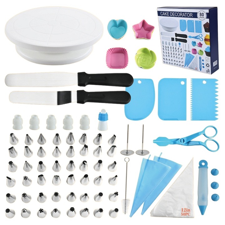 Set accesorii pentru patiserie, 80 piese, usor de curatat, plastic, silicon si otel inoxidabil de inalta calitate