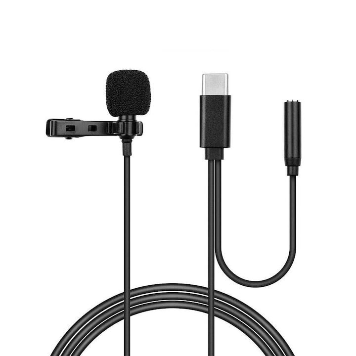 Microfon tip lavaliera, cu fir, Type-C - Jack 3.5 mm, lungime cablu 1.5 m, negru, Dactylion®