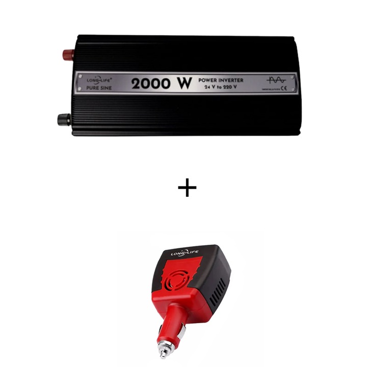 Set Invertor 2000 W, sinus pur, 24 V - 220 V, auto si sisteme panouri solare, rulota, tir, casa, si Invertor auto 150W/200W adaptor priza bricheta 12V