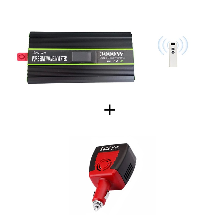 Set Invertor 3000 W, sinus pur, 12 V - 220 V, auto si sisteme panouri solare, rulota, 150W/200W adaptor priza bricheta 12V