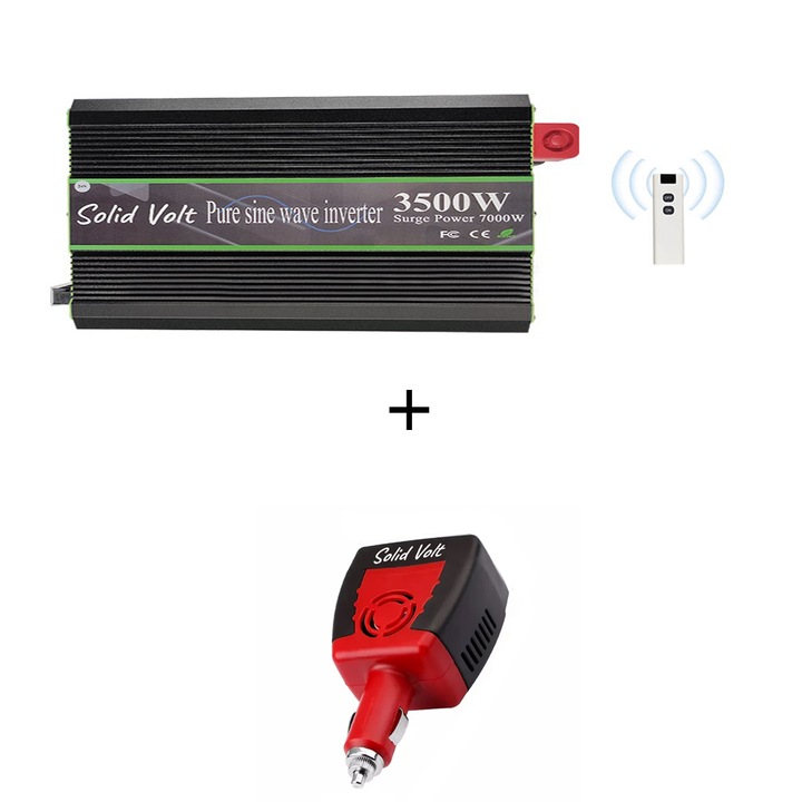 Set Invertor 3500 W, sinus pur, 24 V - 220 V, auto si sisteme panouri solare, rulota, 150W/200W adaptor priza bricheta 24V