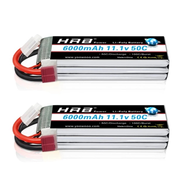 Baterie Lipo pentru RC si drone, 3S, 6000mAh, 11.1V, conectori XT90/XT60, set 2 buc.