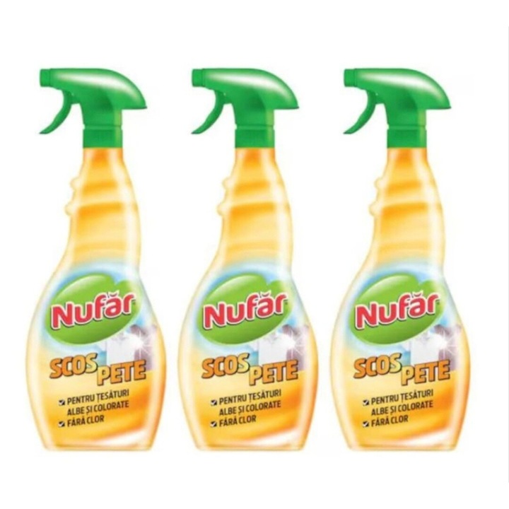 Pachet 3 x Solutie scos pete pentru tesaturi albe si colorate fara clor Nufar, 500 ml