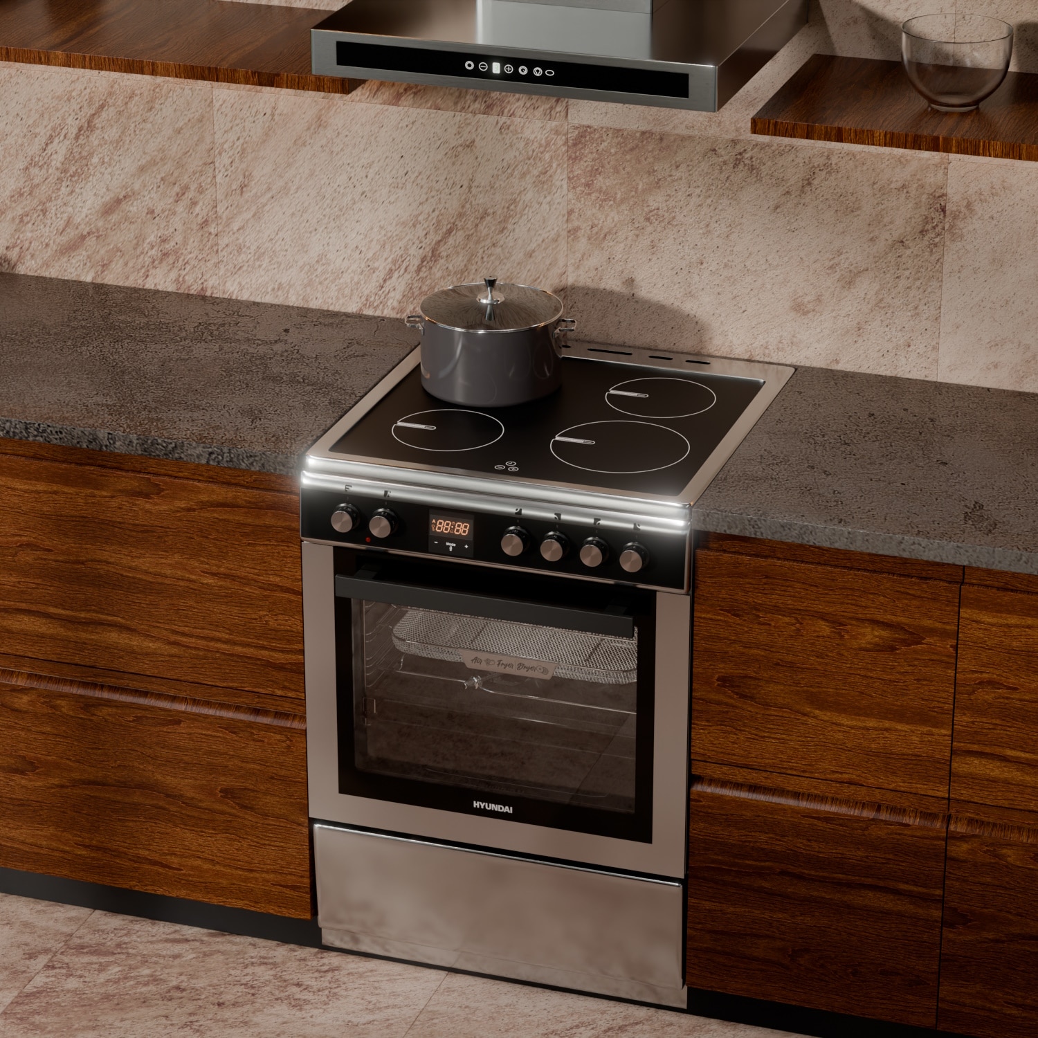 Aragaz Hyundai HCIN23-7260I/X, electric, inductie, 60 cm, 69L, Airfry, Rotisor, Butoane push-hide, Inox/Negru