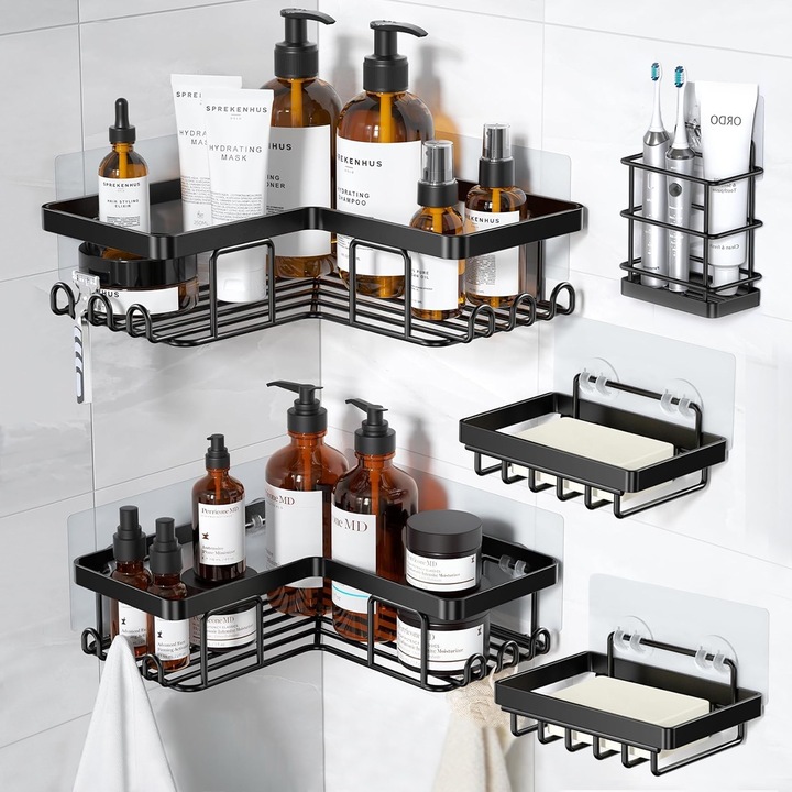 Raft de dus MONOBIN™, cu 2 Etajere Colt si Sapuniera pentru Baie din Otel Inoxidabil, Organizator Baie cu Montare Usoara fara Gaurire, pentru depozitare, organizator baie, 5 rafturi de dus