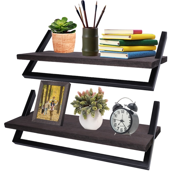 Комплект от 2 стенни рафта с метална конструкция, Latauar, за всекидневна, спалня, офис, светлокафяв