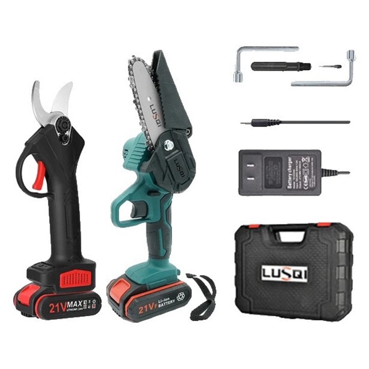 Set Foarfeci de Gradinarit si Fierastrau Electric, 21V, 6000mAh, Verde Armata, 290mm