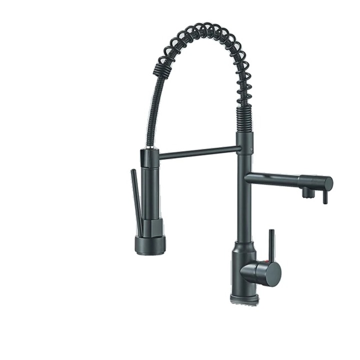 Konyhai csaptelep, visszahúzható kivitel, 360°-ban elforgatható, fekete, rozsdamentes acél