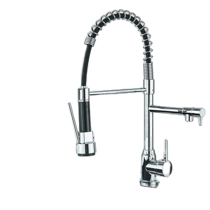 Behúzható konyhai csaptelep, 360°-ban forgatható, fekete/ezüst, függőleges beépítésű, Inox