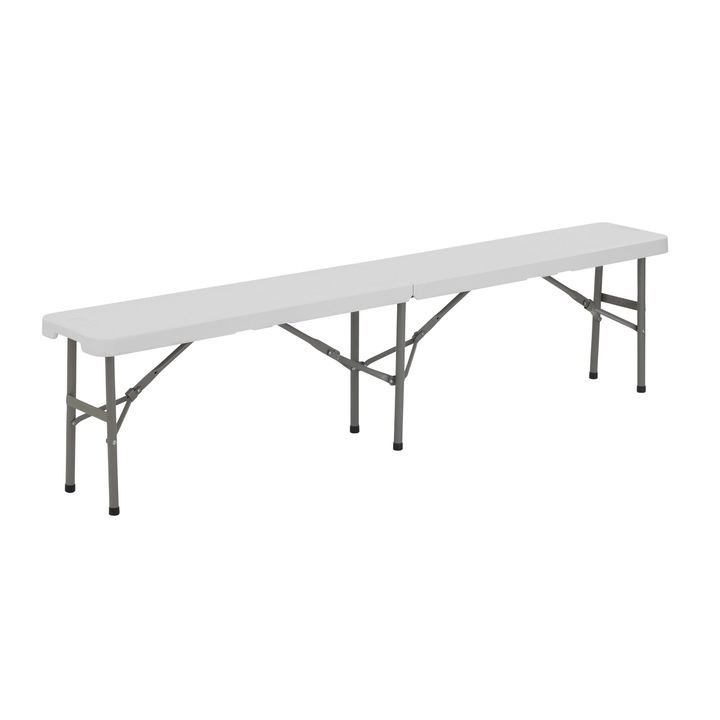 Masa pliabila TECHNICA pentru interior si exterior, blat, cadru metalic durabil, dimensiuni 183x28x43,5 cm, sarcina maxima 300 kg, stabila, usor de transportat si depozitat, ideala pentru evenimente, catering, gradina si casa, alba