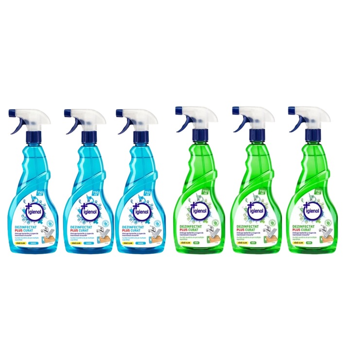 Set Curatenie Universal Igienol Variety, 3 x Dezinfectant Universal 1L Blue Fresh, 3 x Solutie Dezinfectant Multisuprafete 750ml Santal si Iris, rapid si eficient, testat dermatologic, prospetime de lunga durata, elimina mirosuri neplacute
