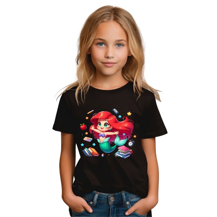 100% pamut gyerek póló, Ariel, Vissza az iskolába, iskola, oktatás, kaland, karakterek, Fekete