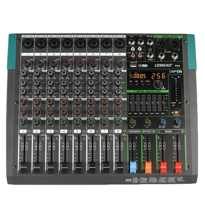Миксиращ пулт, Lomeho, 8 канала, 256 DSP ефекта, Bluetooth свързаност, 100V-240V захранване