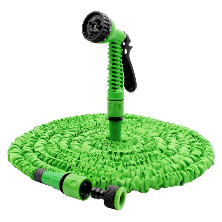 Kihúzható kerti öntözőtömlő, 7 funkcióval, öntözőpisztollyal, 30 méter, csatlakozókkal, zöld, ALMK™