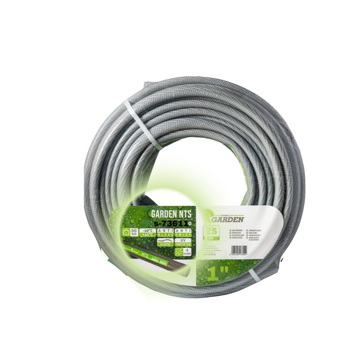 Градински маркуч, Stalco, 5 слоя, подсилен, 25 бара, 1", дължина 25 mb, Професионален, UV, Сив