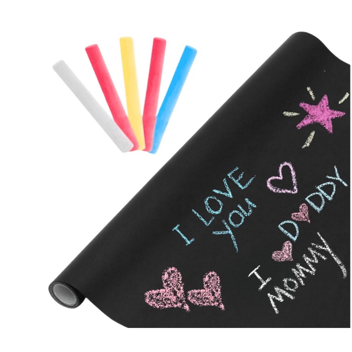 Черна ученическа дъска със самозалепващ се тебешир idealSTORE, За писане и рисуване, Включва бял и цветен тебешир, Лесен за залепване, Многократна употреба, Бързо почистване, Водоустойчивост, Развива креативността на детето