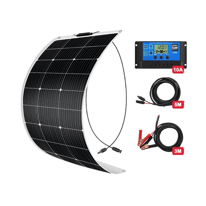 Panou solar flexibil 100W, design waterproof, set cu controler de incarcare, cablu 5M, cablu 3M