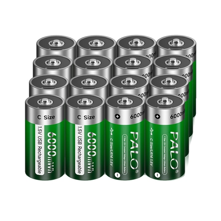 Set 16 baterii C reincarcabile, 6000mWh, USB Type C, dimensiune 25x48mm