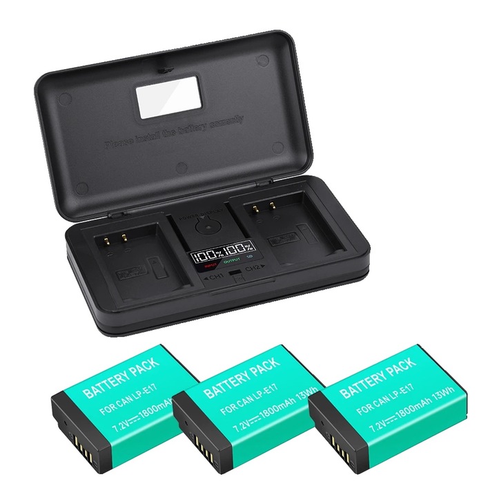 Set 3 Baterii LP-E17 pentru Canon, 1800mAh, Incarcator USB cu LCD