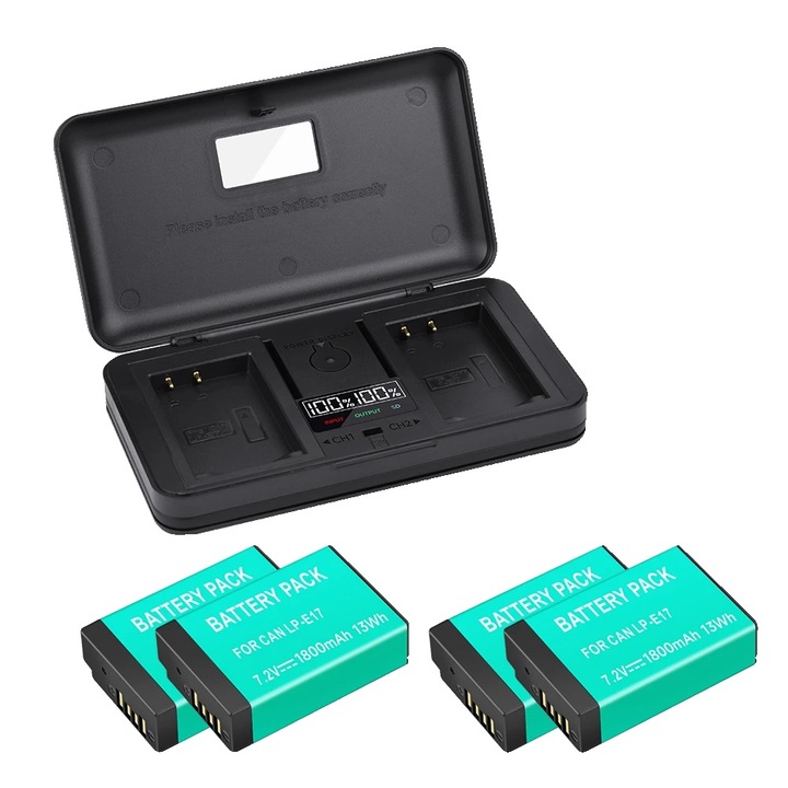Set 4 acumulatori LP-E17 cu incarcator dual, 1800mAh, compatibili Canon