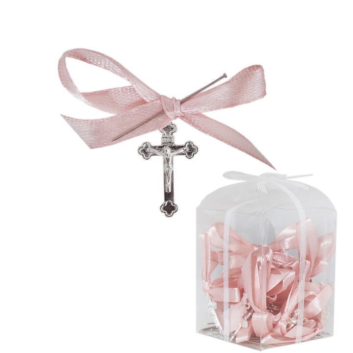 Set 20 marturii, cruciulite biserica din metal cu bolduri si cutiuta, funda roz pudrat, REC1968/51