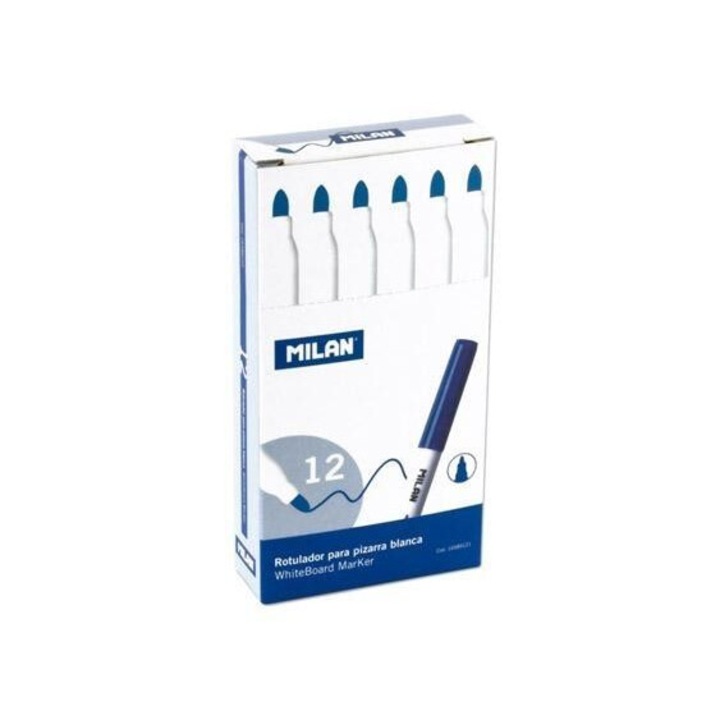 Комплект маркери за дъска, MILAN, тънки с кръгъл връх, черен, 12 броя, 145x78мм