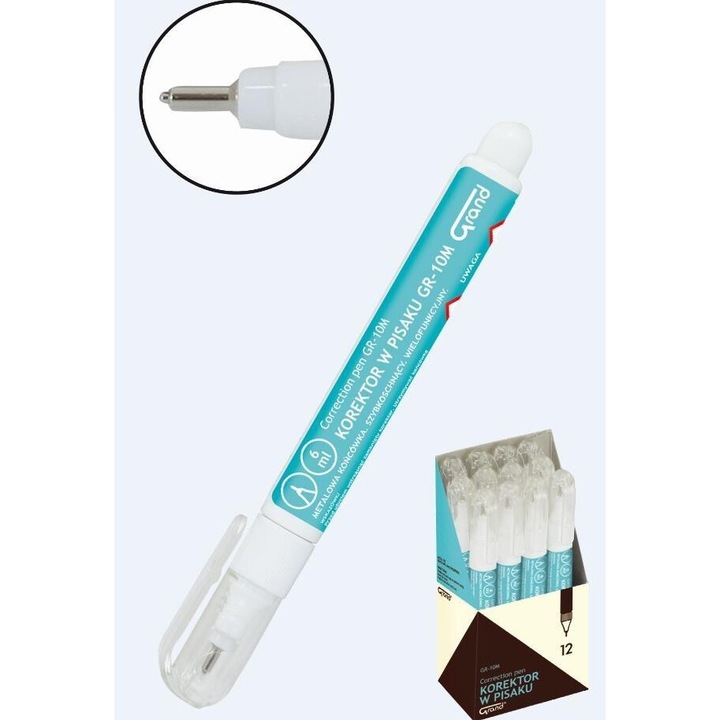 Set de corectoare in pix Grand, 6ml, varf metalic precis, 2mm, 12 bucati, 6x12cm