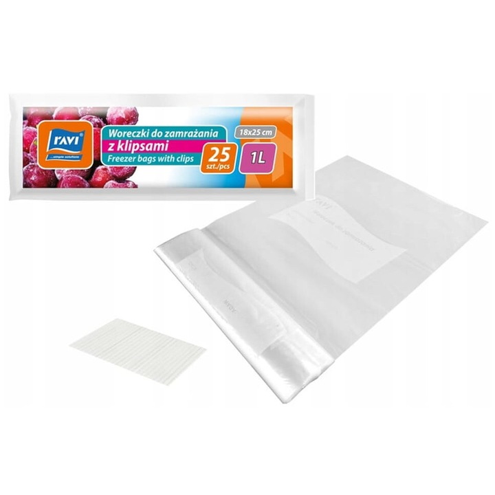 Set 25 pungi alimentare, Ravi, 1L, transparent, 18x25cm