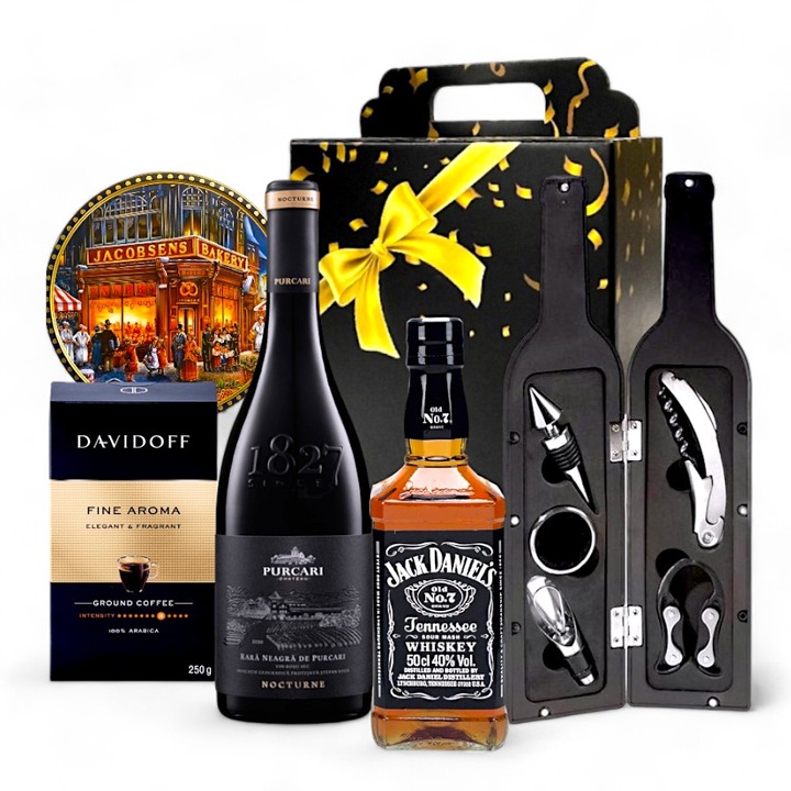 Pachet Cadou Barbati, CADOURI RAFINATE, model Exclusive Men's Gift, cu Vin Purcari Nocturne, Whiskey Jack Daniel'S, Set de Accesorii pentru Vin in Cutie in Forma de Sticla, Cafea Davidoff, Fursecuri Daneze in Cutie Metalica, 6 articole