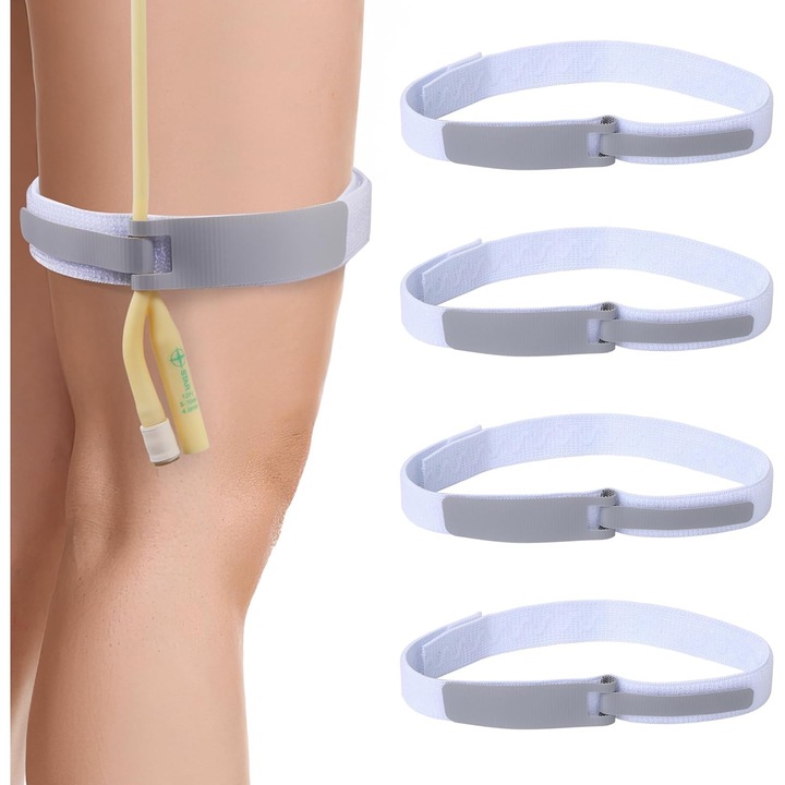 Curea de fixare a cateterului, SINBINTA, 4 piese, Suport pentru cateter, Titular de banda urinara, Anti-alunecare, Reglabil, Lavabil, Reutilizabile, Confort, Moale, Rezistent la deformare, Design ergonomic, Poliester, 2.5x55cm, Gri