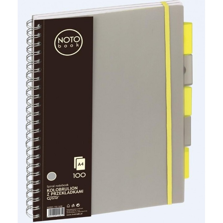 Caiet A4 Grand, 100 file caroiate, coperta polipropilena, 5 separatoare, gri